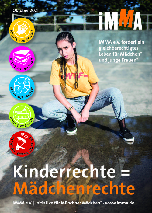 Bild IMMA Jahreskampagne 2021. Auf dem Bild ist ein Mädchen zu sehen sowie 5 Sticker mit folgenden Rechten: Schutz vor Gewalt, Recht auf Bildung, Recht auf Freizeit, Schutz vor Krieg, Recht auf eigene Meinung